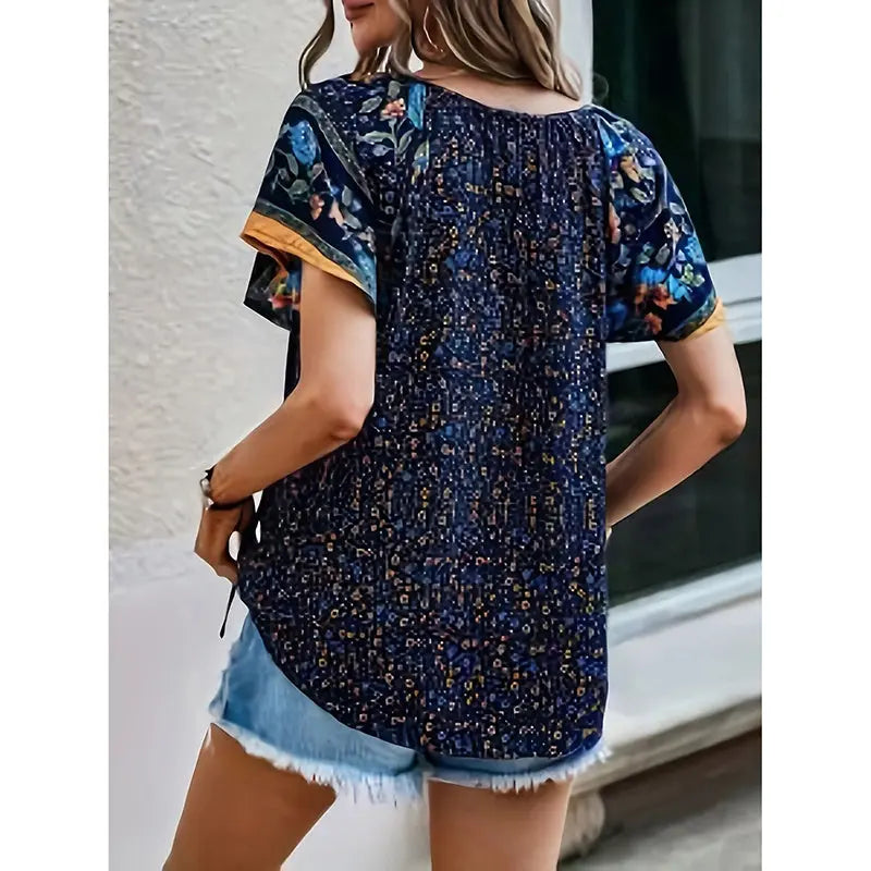 Women's Casual Short Sleeve Shirts Summer Boho Printed V Neck Drawstring Tunic Blouses null
