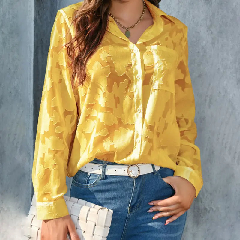 Womens Casual Sheer Button Down Shirts Long Sleeve V Neck Jacquard Blouses Tops null
