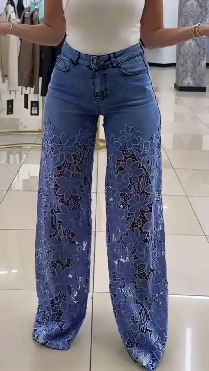 Y2K Lace Flowers Hollow Jeans Fashion High Waist Straight Wide Leg Pants Solid Color Trousers Women's Clothing null