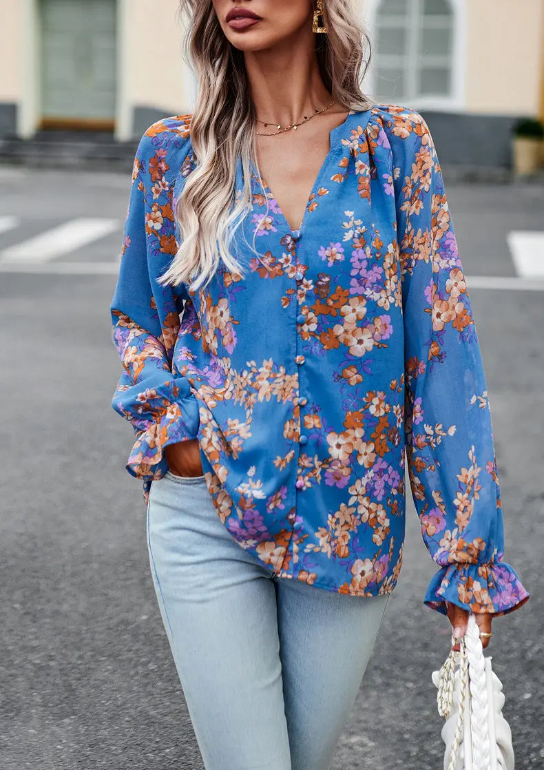Women's Tops Casual Floral Print V Neck Long Sleeve Shirts Loose Chiffon Blouses Shirts Tops null