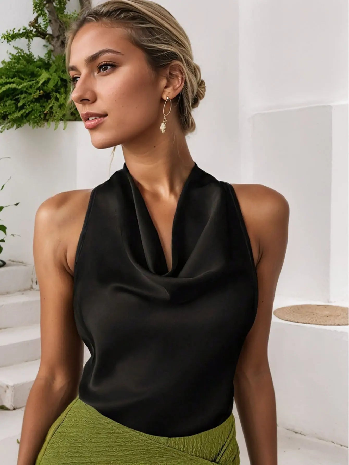 Women Solid Color Swing Collar Sleeveless Vest Short Sleeve Tops Tshirts null