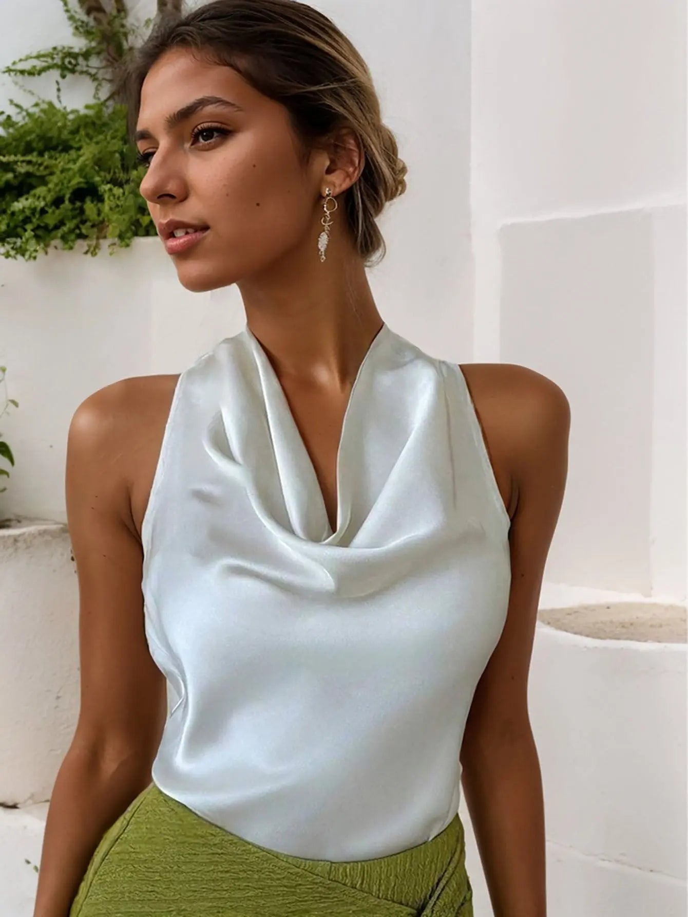 Women Solid Color Swing Collar Sleeveless Vest Short Sleeve Tops Tshirts null
