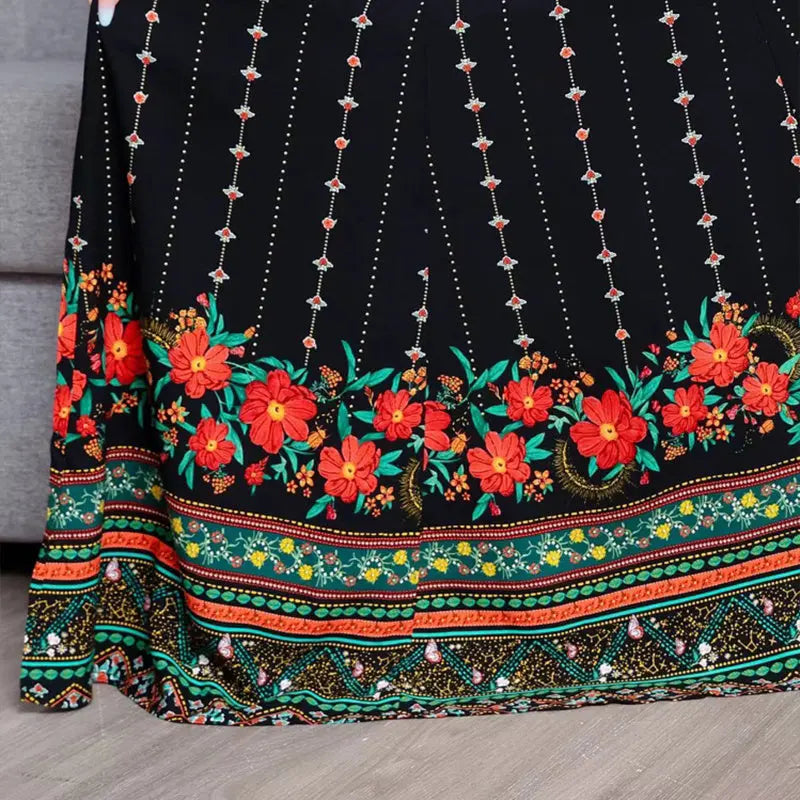Women's Ethnic Style V-Neck Long Sleeve Dress - Embroidered Floral Pattern A-Line Maxi Dress With Printed Hem Middle Eastern Inspired Fashion null