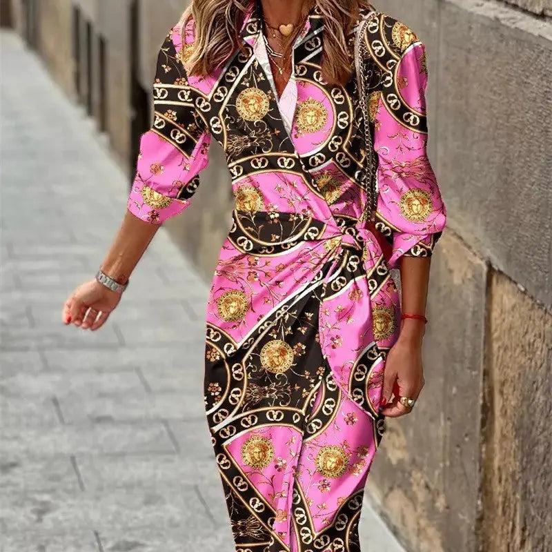 Fashion Printed Shirt Dress With Belt Slim Fit Three-quarter Sleeve Lapel Dress For Women Clothing - Nadastore Fashion Printed Shirt Dress With Belt Slim Fit Three-quarter Sleeve Lapel Dress For Women Clothing