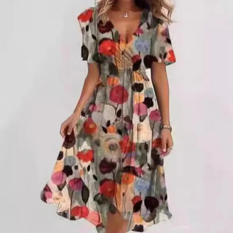 Flowers Printed V-neck Dress Summer A-line Short-sleeved Dresses For Women null