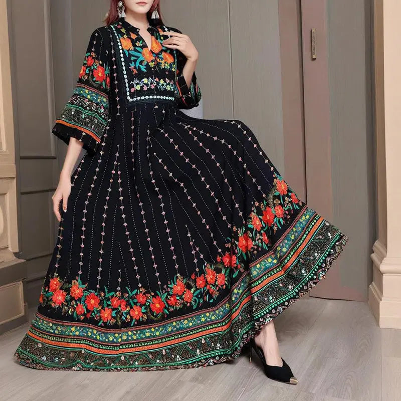 Women's Ethnic Style V-Neck Long Sleeve Dress - Embroidered Floral Pattern A-Line Maxi Dress With Printed Hem Middle Eastern Inspired Fashion null