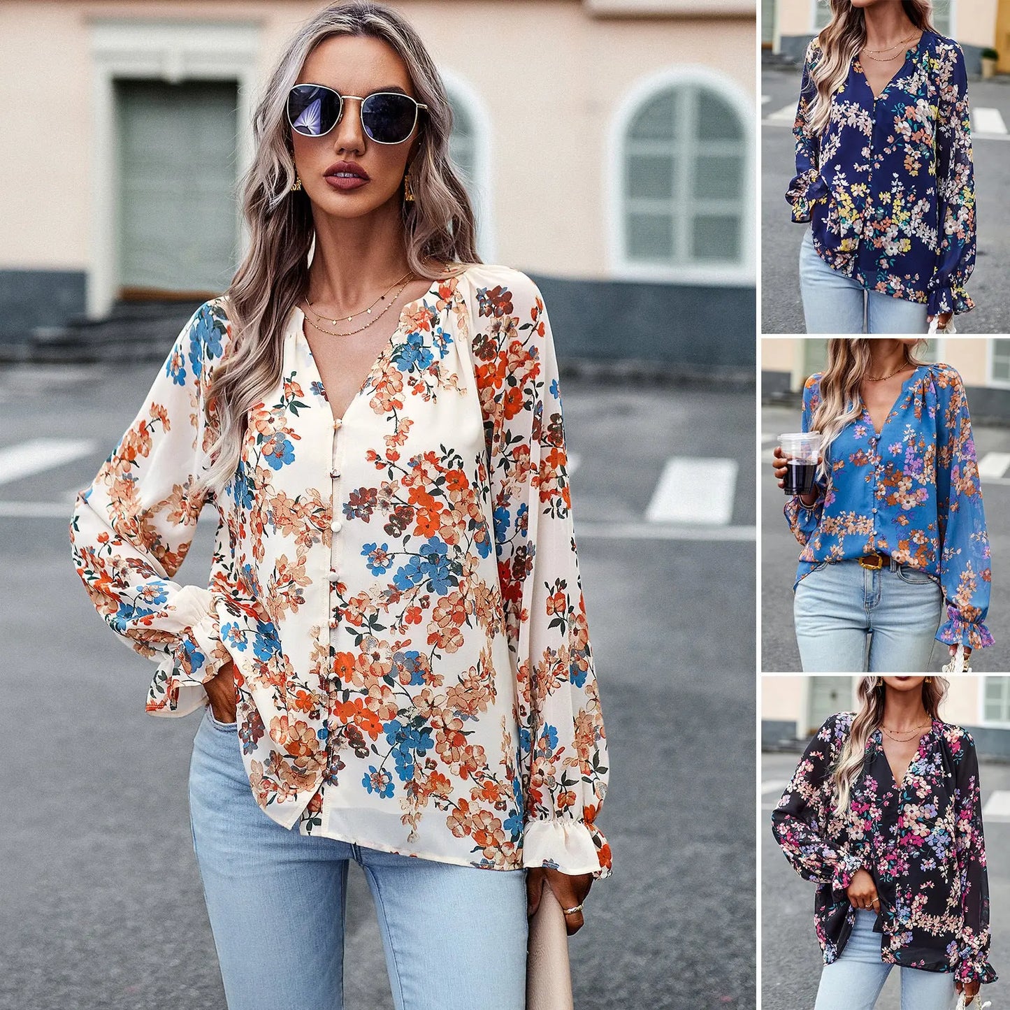 Women's Tops Casual Floral Print V Neck Long Sleeve Shirts Loose Chiffon Blouses Shirts Tops null