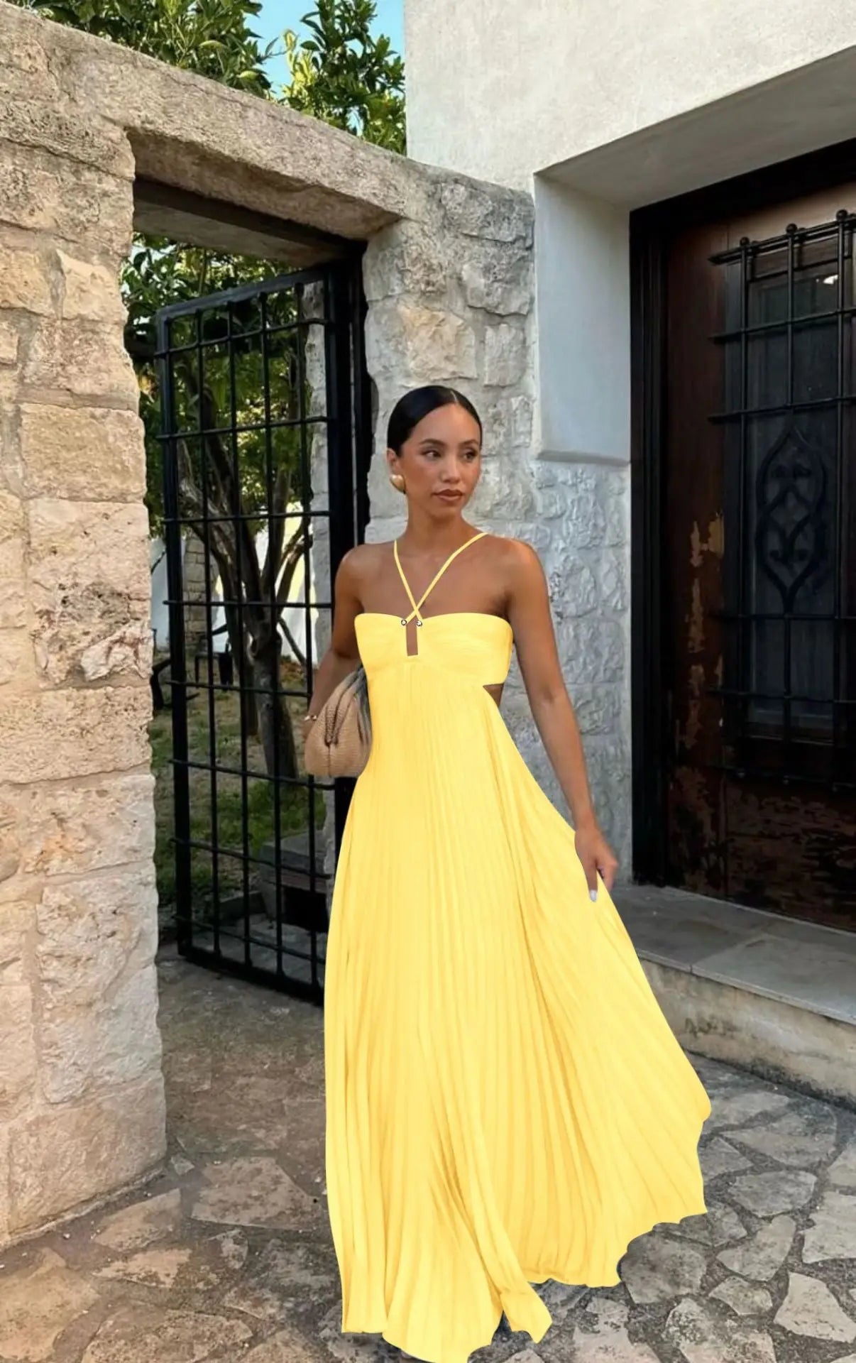 Ins Pleated Sleeveless Sling Dress Hollow High Waist Halter Robe Dresses For Evening Party Club Clothing Women null