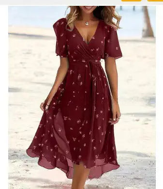 Flowers Printed V-neck Dress Summer A-line Short-sleeved Dresses For Women null
