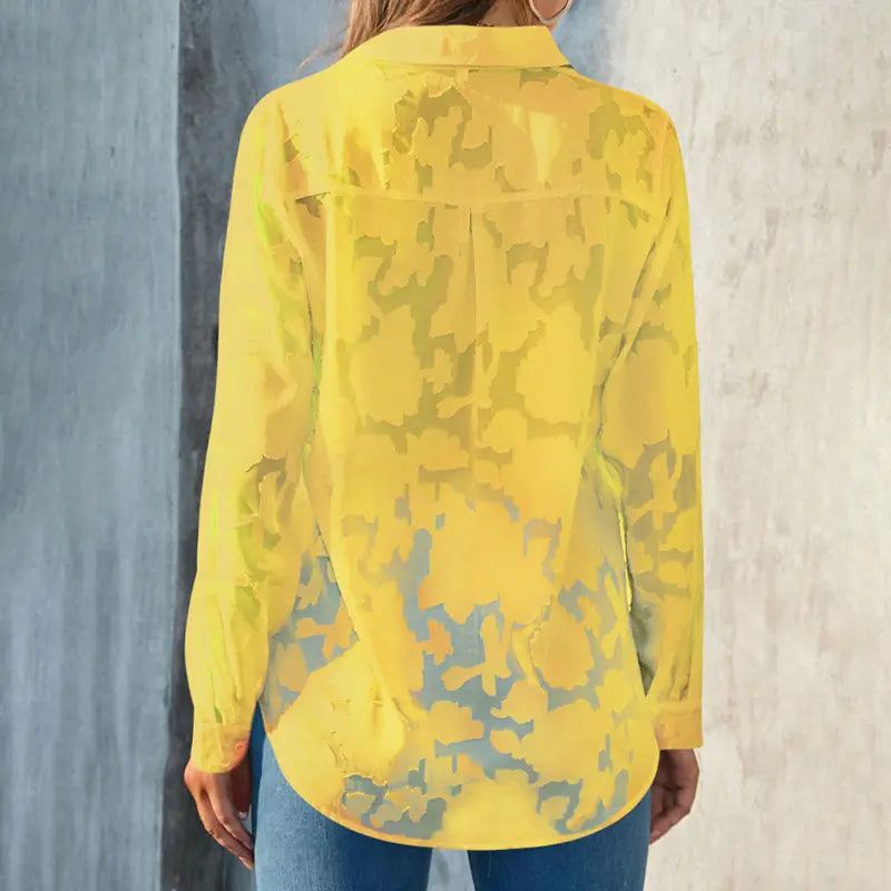 Womens Casual Sheer Button Down Shirts Long Sleeve V Neck Jacquard Blouses Tops null