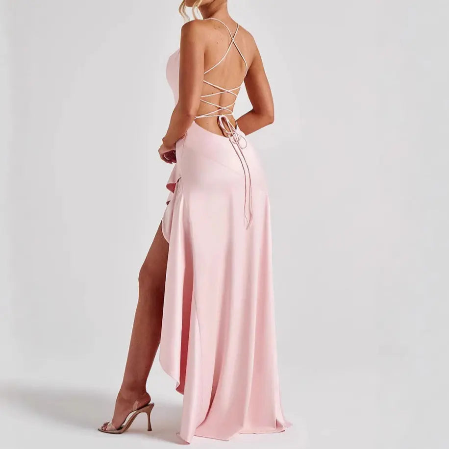Women's Backless Ruffles Irregular Dress Summer Fashion Evening Party Club Split Suspender Maxi Dresses Clothing - Nadastore
