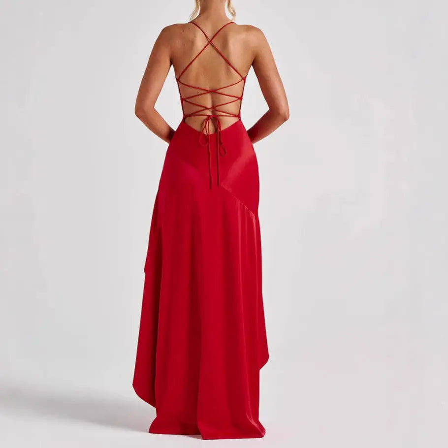 Women's Backless Ruffles Irregular Dress Summer Fashion Evening Party Club Split Suspender Maxi Dresses Clothing - Nadastore