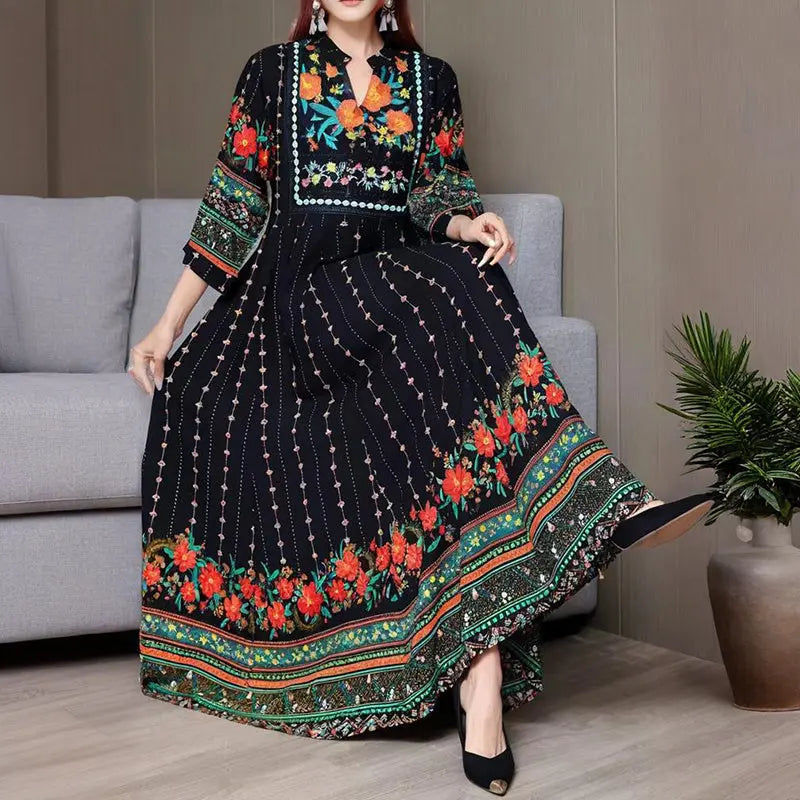 Women's Ethnic Style V-Neck Long Sleeve Dress - Embroidered Floral Pattern A-Line Maxi Dress With Printed Hem Middle Eastern Inspired Fashion null