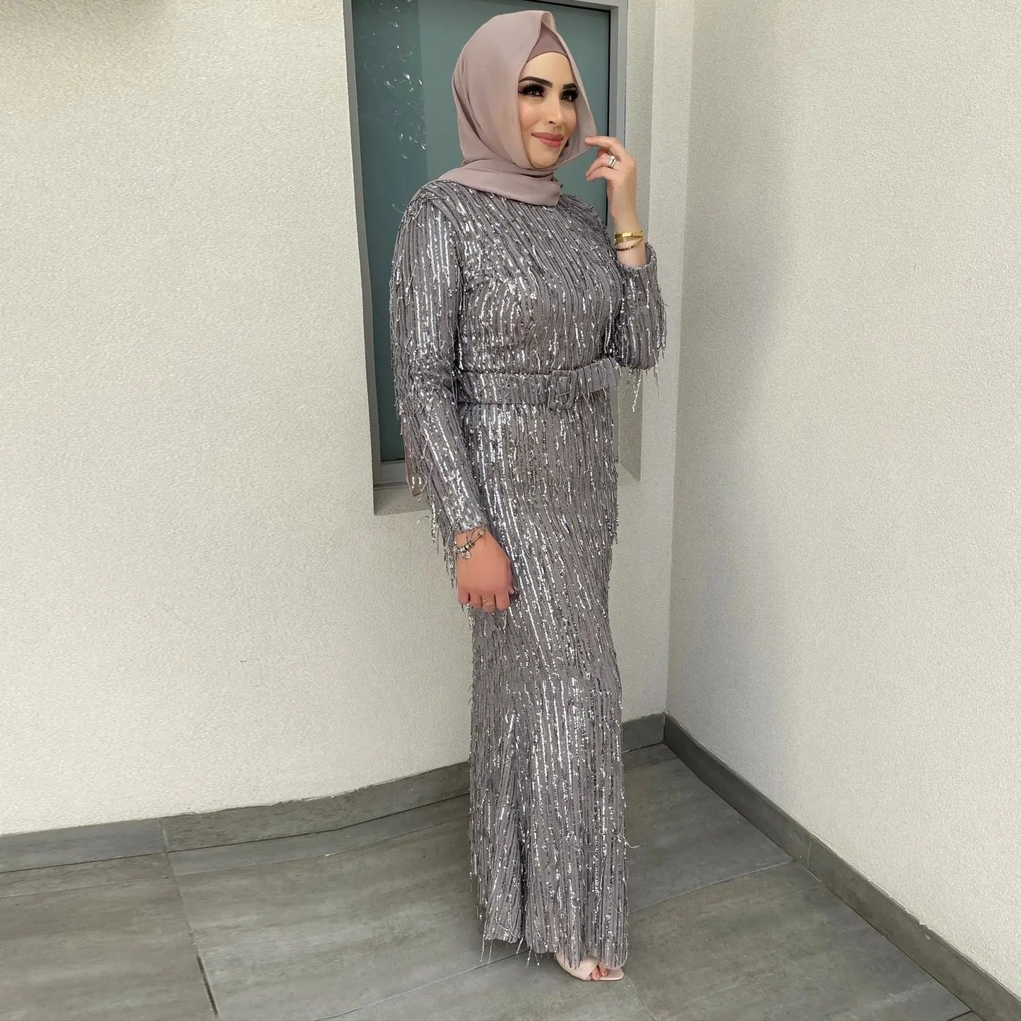Sequin Tassels Slim-fit Dress Muslim Dress null
