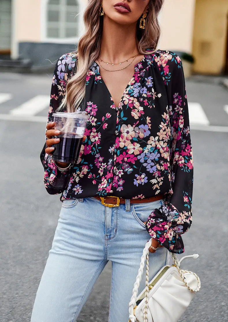 Women's Tops Casual Floral Print V Neck Long Sleeve Shirts Loose Chiffon Blouses Shirts Tops null