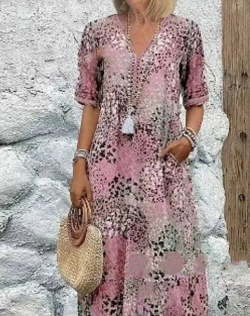 Summer V-neck Half-sleeved Dress With Pockets Fashion Ethnic Print Dresses Beach Holiday Clothing For Women - Nadastore