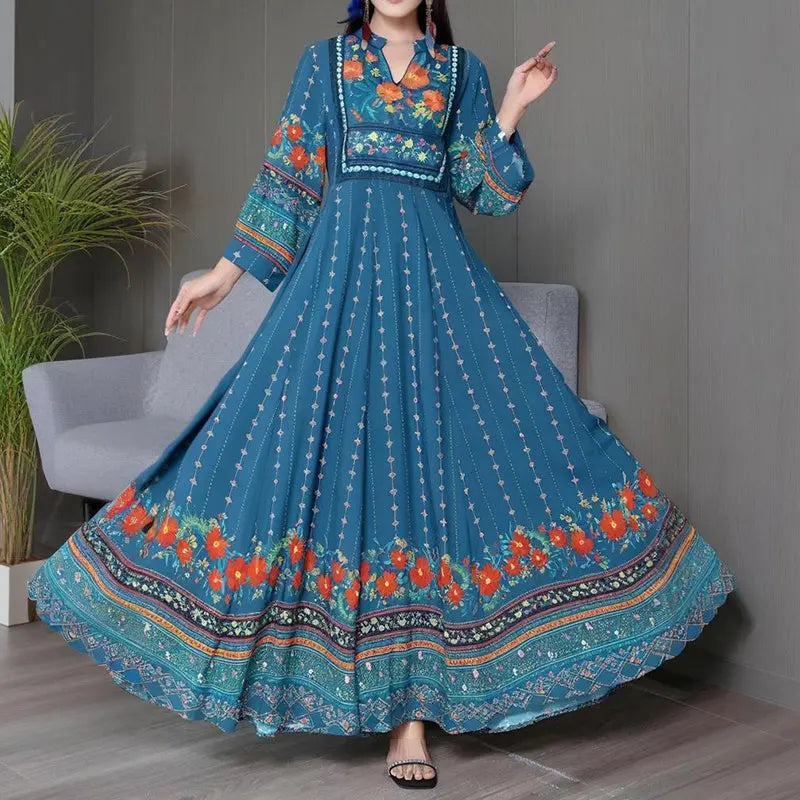 Women's Ethnic Style V-Neck Long Sleeve Dress - Embroidered Floral Pattern A-Line Maxi Dress With Printed Hem Middle Eastern Inspired Fashion null