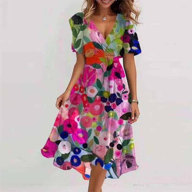 Flowers Printed V-neck Dress Summer A-line Short-sleeved Dresses For Women null