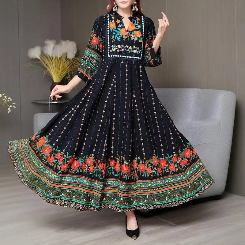Women's Ethnic Style V-Neck Long Sleeve Dress - Embroidered Floral Pattern A-Line Maxi Dress With Printed Hem Middle Eastern Inspired Fashion null