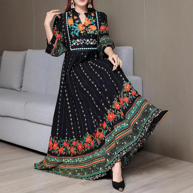 Women's Ethnic Style V-Neck Long Sleeve Dress - Embroidered Floral Pattern A-Line Maxi Dress With Printed Hem Middle Eastern Inspired Fashion null