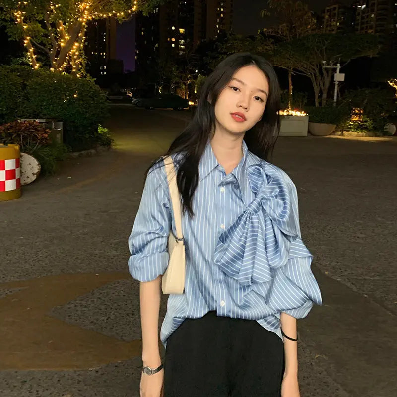 Casual Blue Striped Shirts For Women Lapel Long Sleeve Korean Bowknot Patchwork Blouses null
