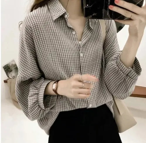 Blouses Shirts Women Loose Large Size M-4XL Plaid All-match null