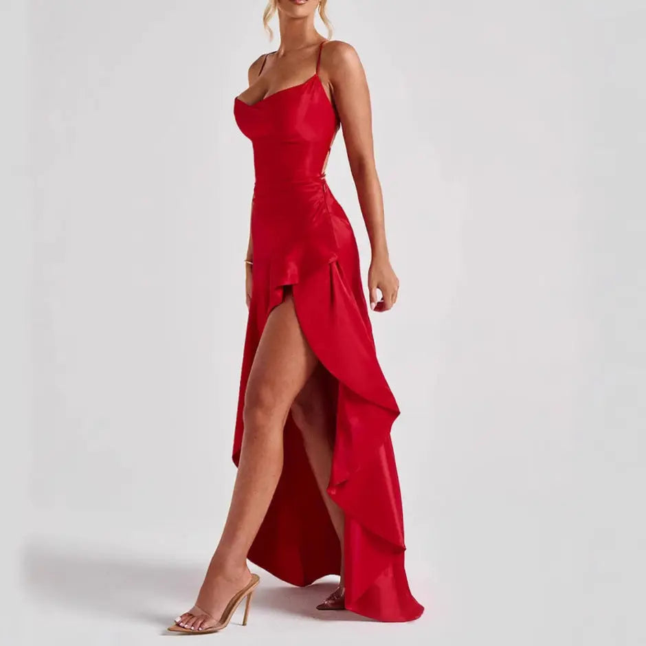 Women's Backless Ruffles Irregular Dress Summer Fashion Evening Party Club Split Suspender Maxi Dresses Clothing - Nadastore