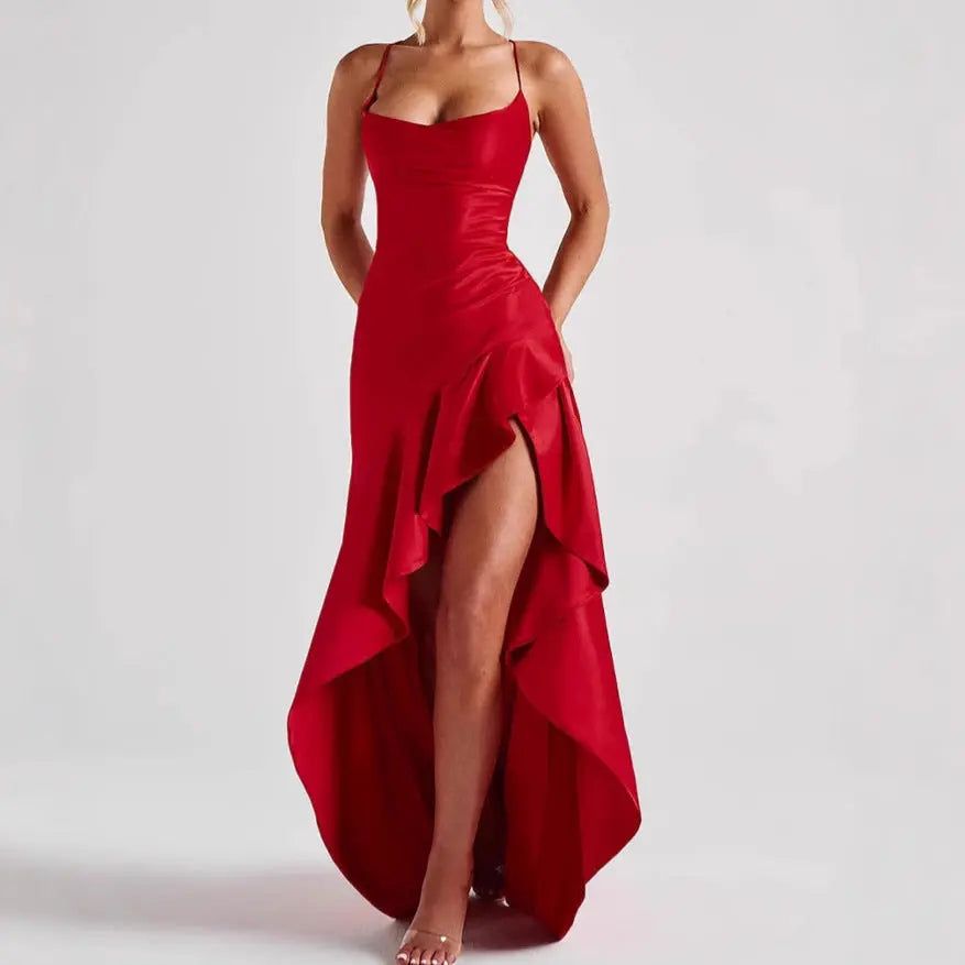 Women's Backless Ruffles Irregular Dress Summer Fashion Evening Party Club Split Suspender Maxi Dresses Clothing - Nadastore