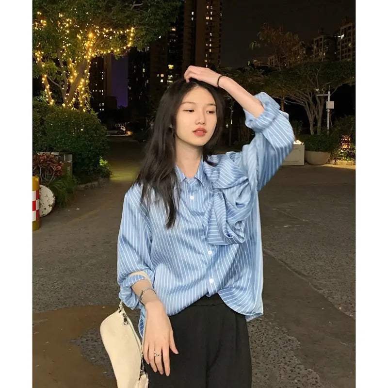 Casual Blue Striped Shirts For Women Lapel Long Sleeve Korean Bowknot Patchwork Blouses null
