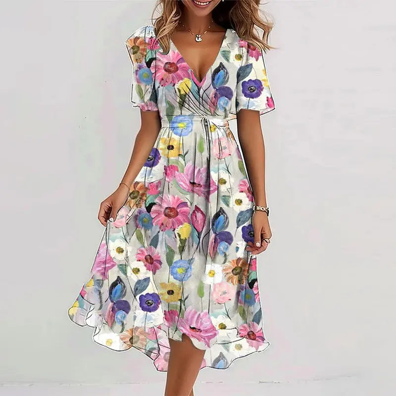 Flowers Printed V-neck Dress Summer A-line Short-sleeved Dresses For Women null