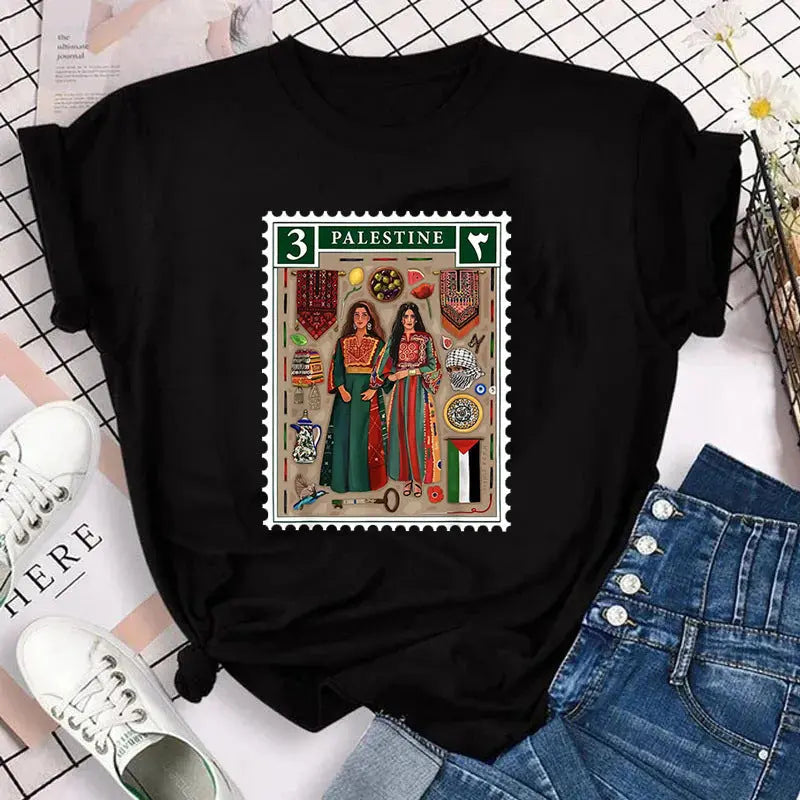 Harajuku Palestine Stamp Retro Plus Size T-shirt Women Vinta - Nadastore Harajuku Palestine Stamp Retro Plus Size T-shirt Women Vinta