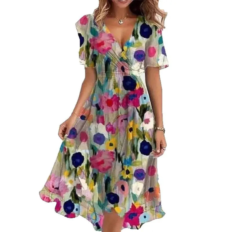 Flowers Printed V-neck Dress Summer A-line Short-sleeved Dresses For Women null