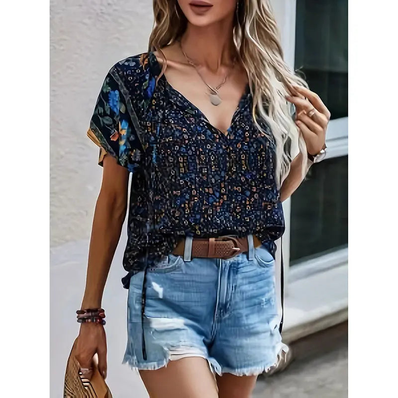 Women's Casual Short Sleeve Shirts Summer Boho Printed V Neck Drawstring Tunic Blouses null