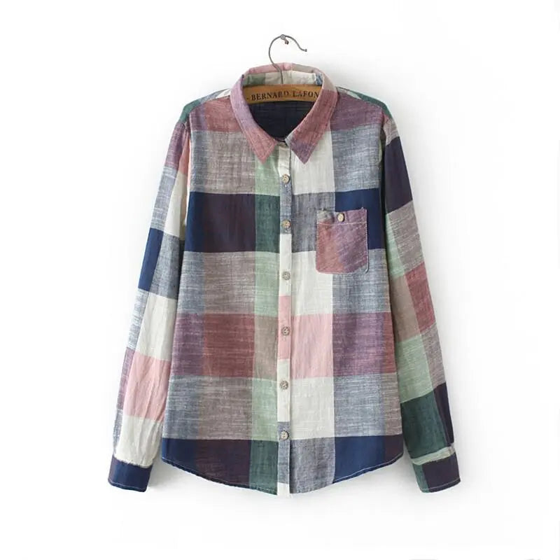 asual Plaid Women Blouses Kimono Vintage Linen Cotton Long Sleeve Blouse Female Shirts Tops null
