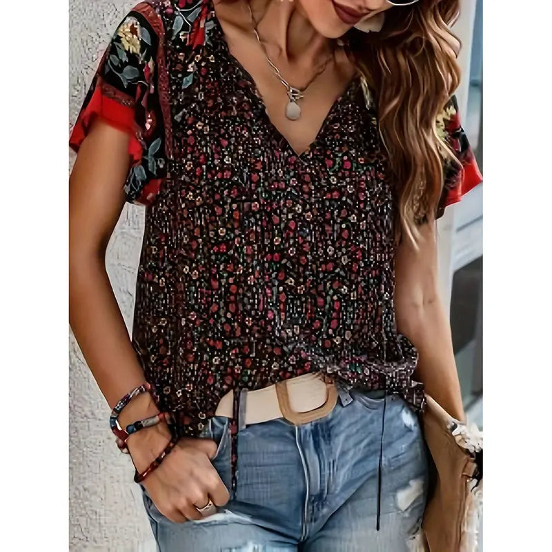 Women's Casual Short Sleeve Shirts Summer Boho Printed V Neck Drawstring Tunic Blouses null
