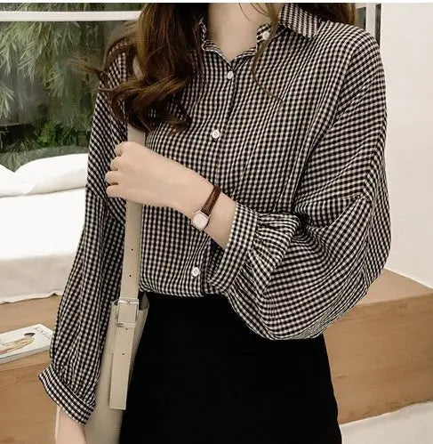 Blouses Shirts Women Loose Large Size M-4XL Plaid All-match null