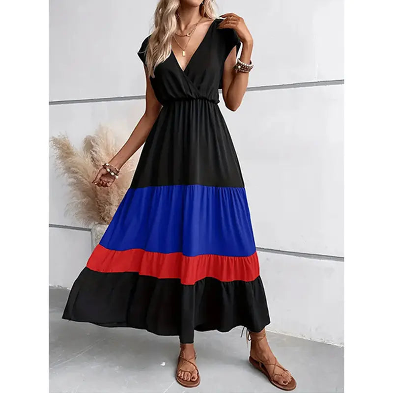 Women's Color Block Maxi Dresses V Neck Sleeveless Tiered Casual Dresses Loose Sundress null
