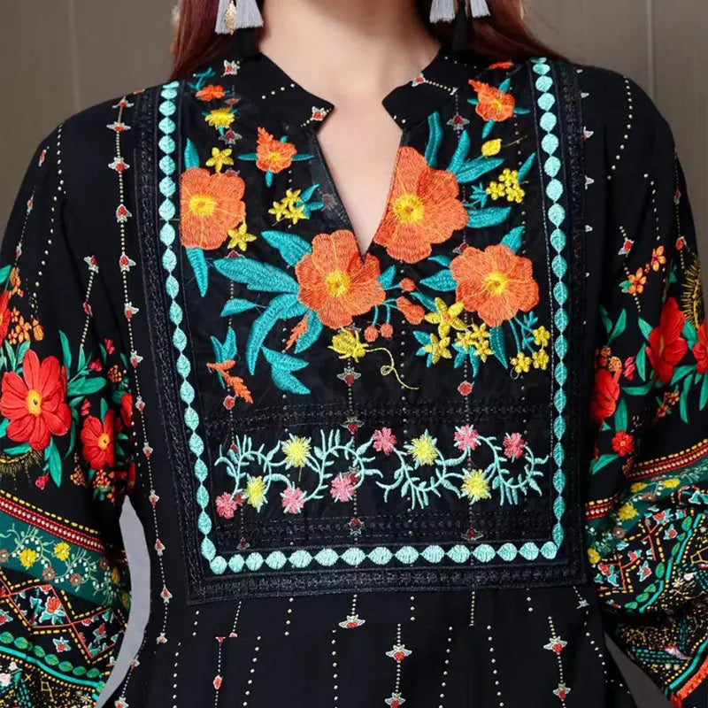 Women's Ethnic Style V-Neck Long Sleeve Dress - Embroidered Floral Pattern A-Line Maxi Dress With Printed Hem Middle Eastern Inspired Fashion null