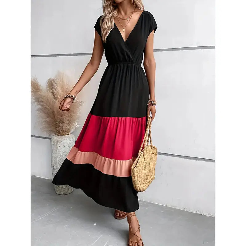 Women's Color Block Maxi Dresses V Neck Sleeveless Tiered Casual Dresses Loose Sundress null