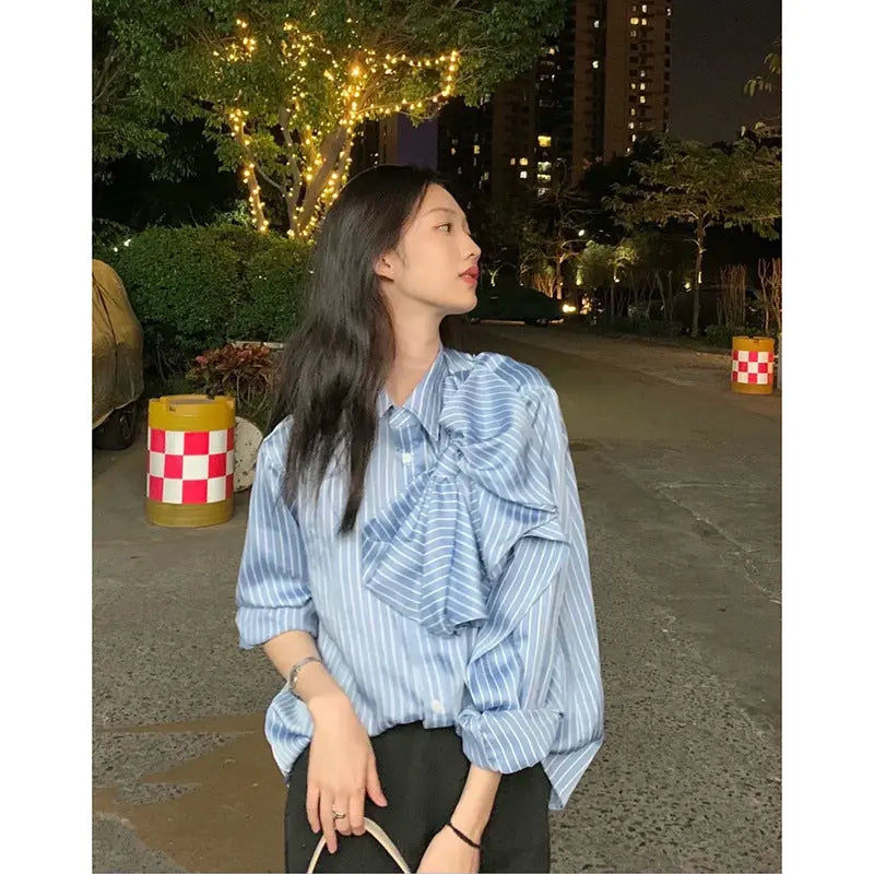 Casual Blue Striped Shirts For Women Lapel Long Sleeve Korean Bowknot Patchwork Blouses null