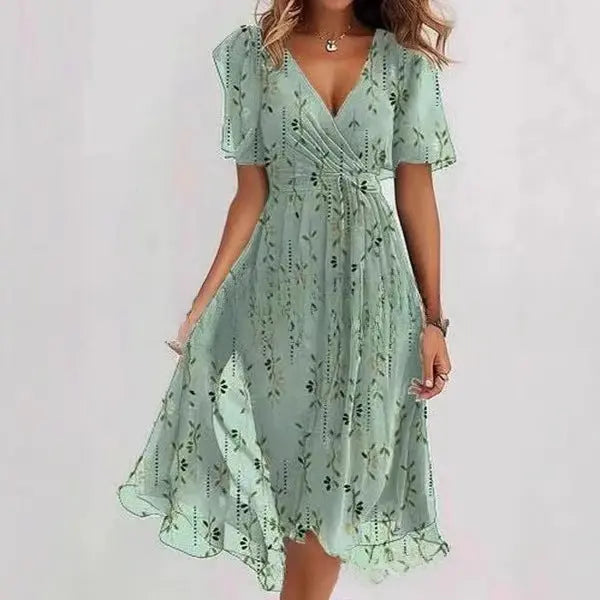 Flowers Printed V-neck Dress Summer A-line Short-sleeved Dresses For Women null
