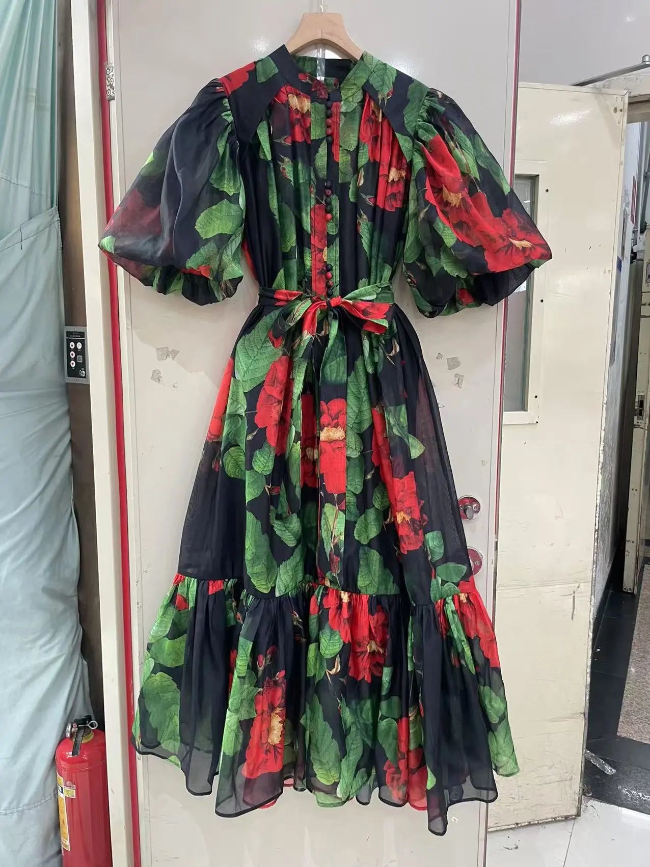Bubble Sleeve Single-breasted Retro Printed Dress null