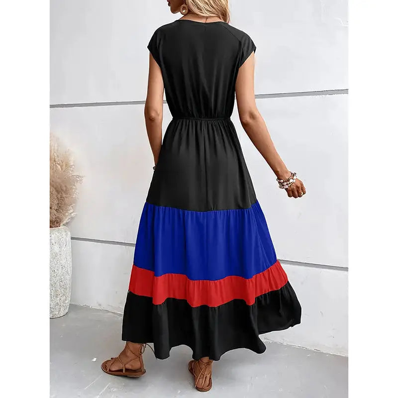 Women's Color Block Maxi Dresses V Neck Sleeveless Tiered Casual Dresses Loose Sundress null
