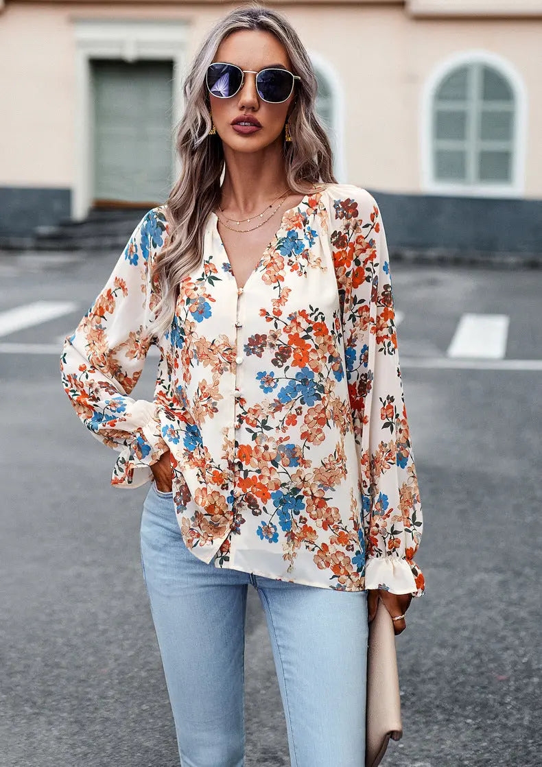 Women's Tops Casual Floral Print V Neck Long Sleeve Shirts Loose Chiffon Blouses Shirts Tops null
