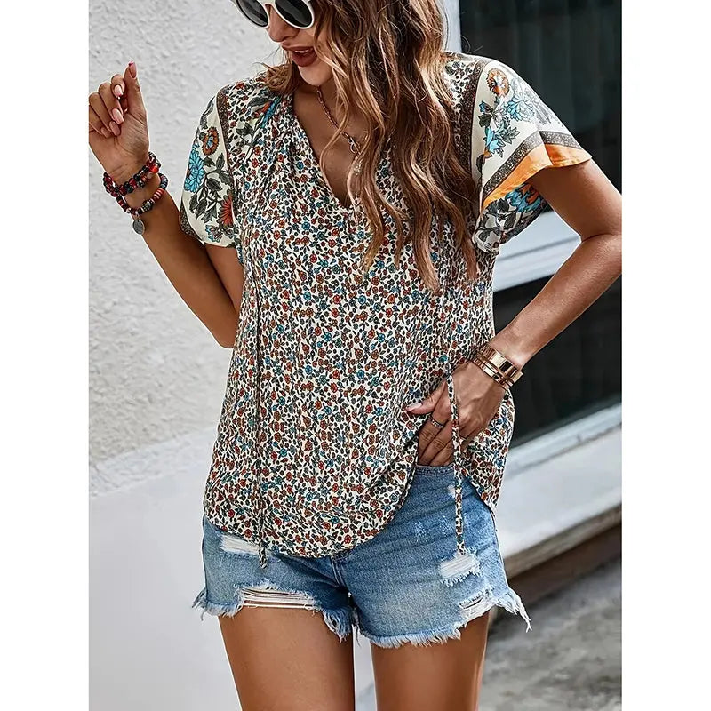 Women's Casual Short Sleeve Shirts Summer Boho Printed V Neck Drawstring Tunic Blouses null