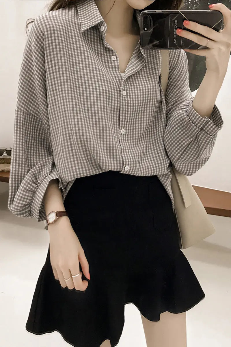 Blouses Shirts Women Loose Large Size M-4XL Plaid All-match null