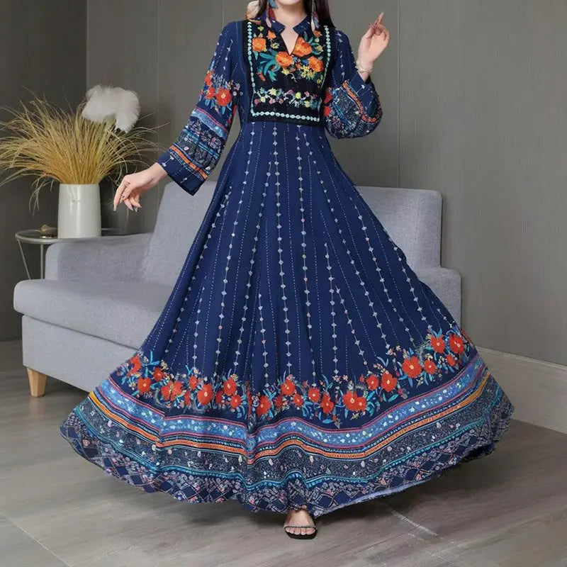 Women's Ethnic Style V-Neck Long Sleeve Dress - Embroidered Floral Pattern A-Line Maxi Dress With Printed Hem Middle Eastern Inspired Fashion null
