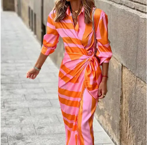 Fashion Printed Shirt Dress With Belt Slim Fit Three-quarter Sleeve Lapel Dress For Women Clothing - Nadastore Fashion Printed Shirt Dress With Belt Slim Fit Three-quarter Sleeve Lapel Dress For Women Clothing