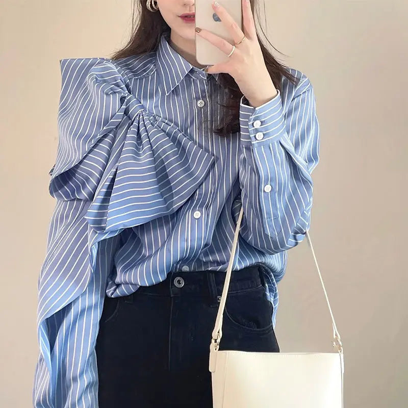 Casual Blue Striped Shirts For Women Lapel Long Sleeve Korean Bowknot Patchwork Blouses null