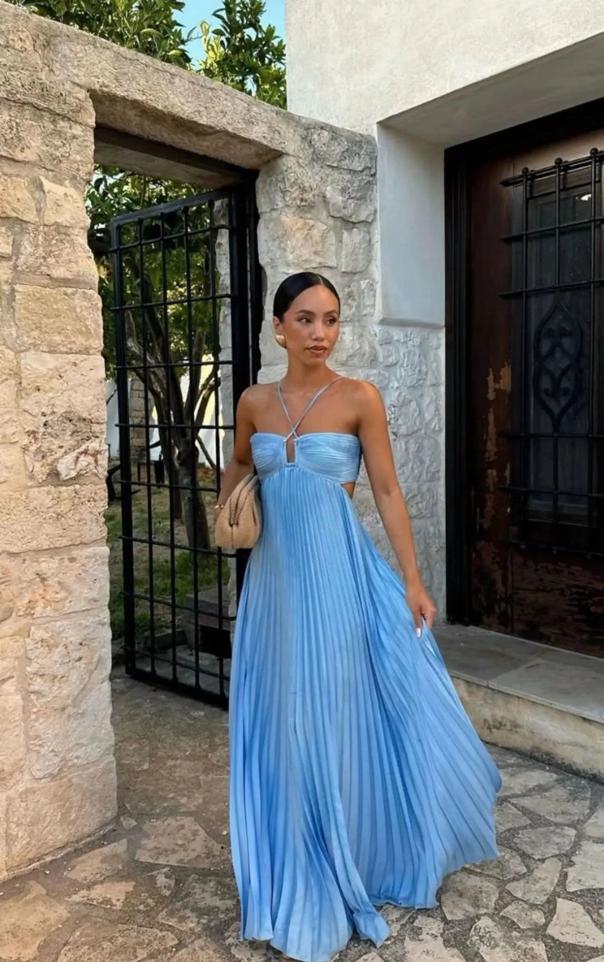 Ins Pleated Sleeveless Sling Dress Hollow High Waist Halter Robe Dresses For Evening Party Club Clothing Women null